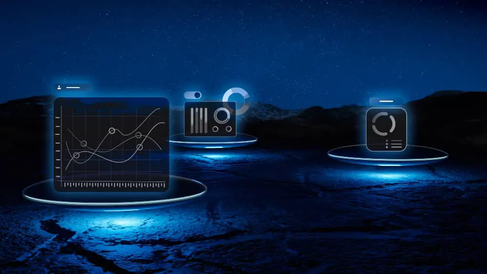 A graphic showing three floating screens each displaying data in the form of charts.