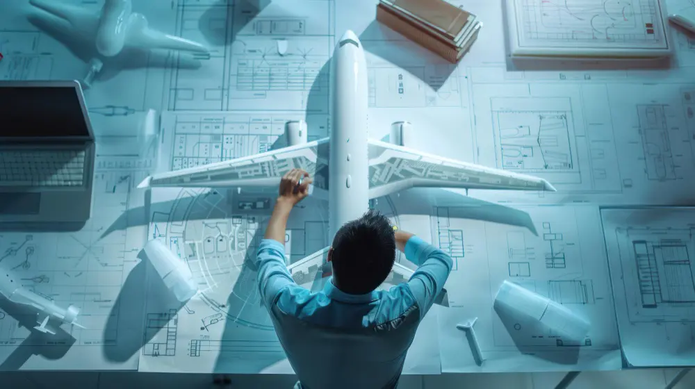 A graphic showing a table full of blueprints for an aircraft and scale models of the aircraft with e man looking down on them.